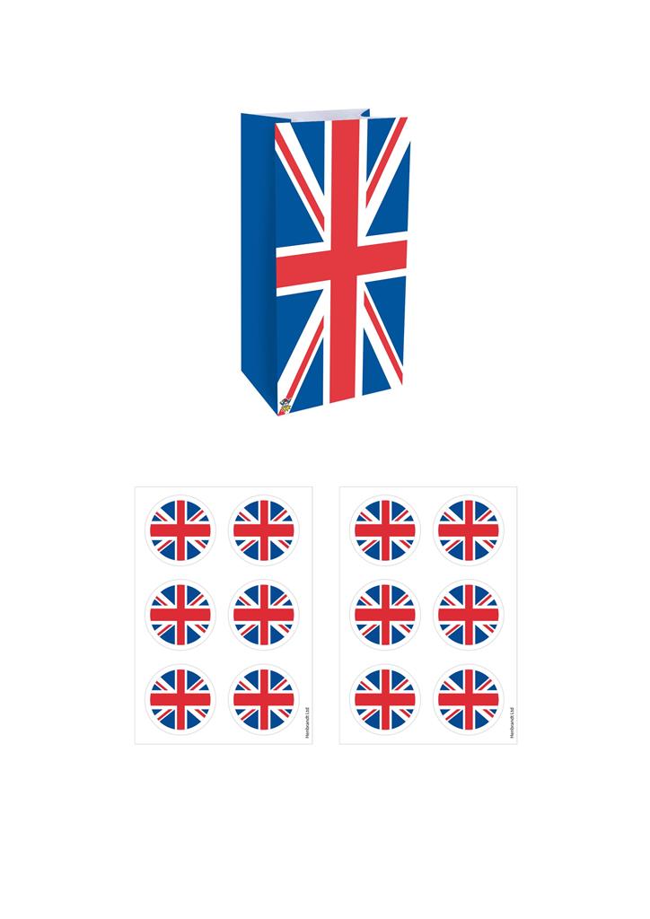 Union Jack Bag with 3cm Stickers 13 x 25cm x 12 Pack - Click Image to Close