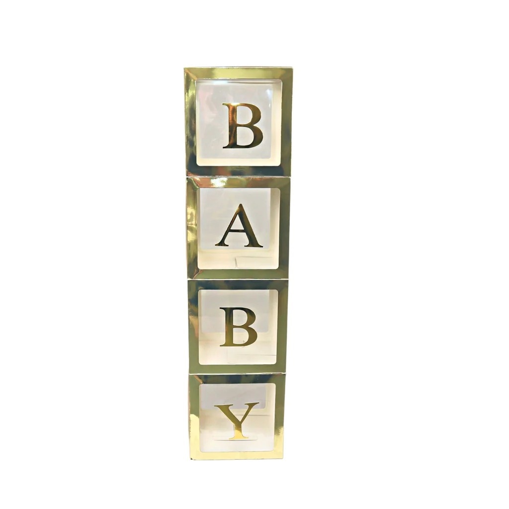 SET OF 4 GOLD BABY BALLOON BOXES 30CM X 30CM - Click Image to Close